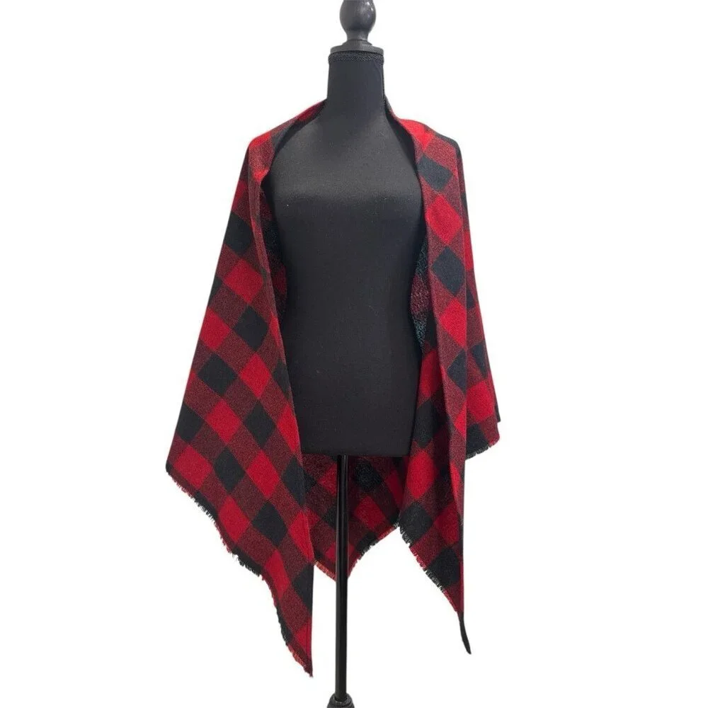 Halston III wool blend red black buffalo plaid shawl wrap vintage
